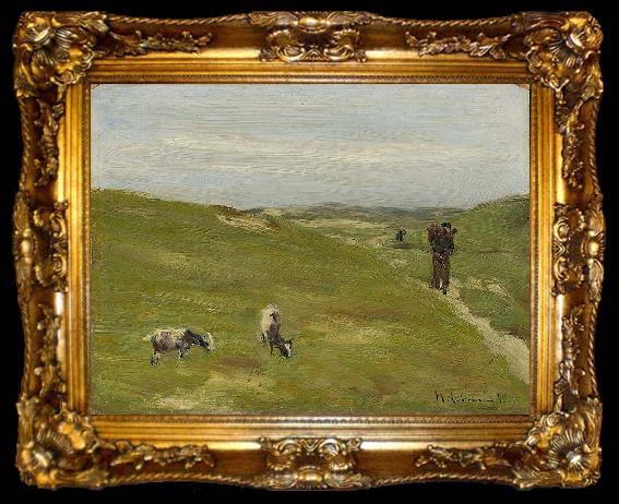framed  Max Liebermann Meadow with farmer and grazing goats, ta009-2